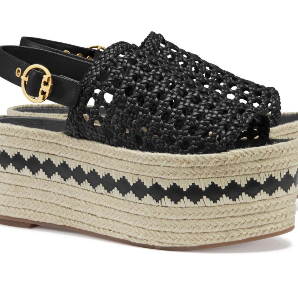 Tory Burch Dandy Black Woven Platform Slingback Sandals